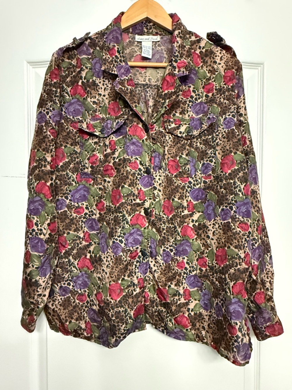 Vintage Anna & Frank Silk Blouse L Leopard Floral Cottagecore Boho Button Up